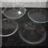 K79. 4 Round Pyrex pie plates. 8”, 9” 2-10” - $$4-$8 each. 